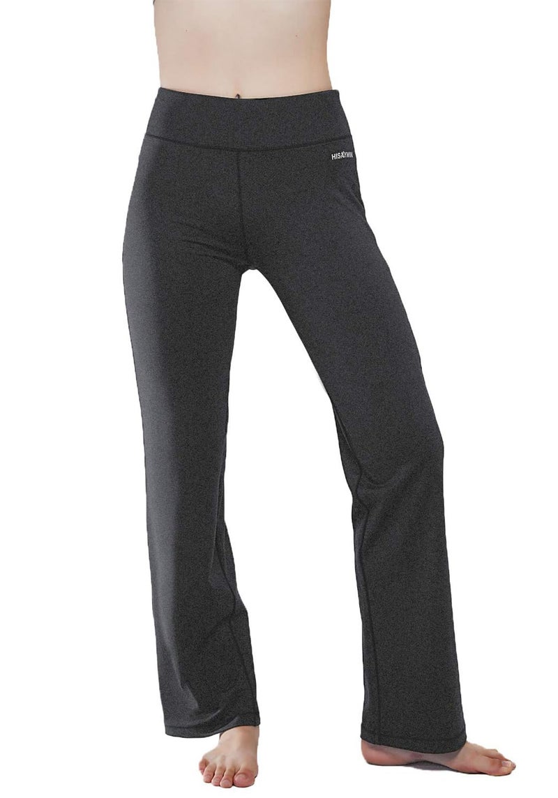 HISKYWIN Inner Pocket Yoga Pants 4 Way Stretch Tummy Control Workout Running Pants, Long Bootleg Flare Pants HF2-Dark Grey-M - Image 2